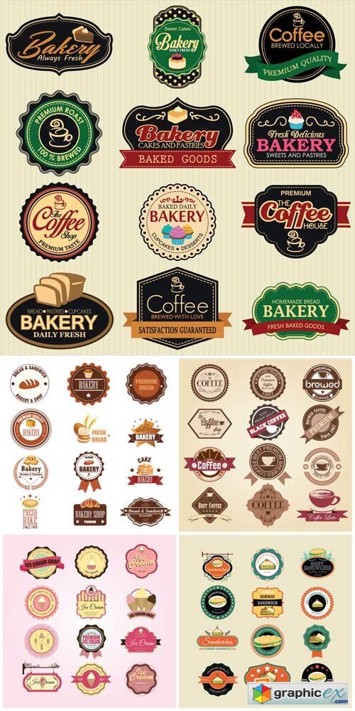 Food labels vector, bread, coffee