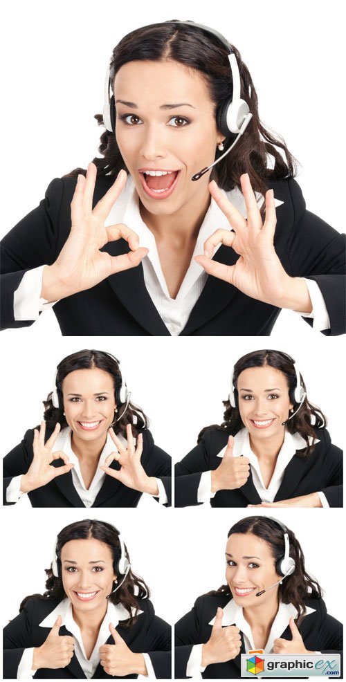 Young woman operator, girl with headphones - Stock Photo