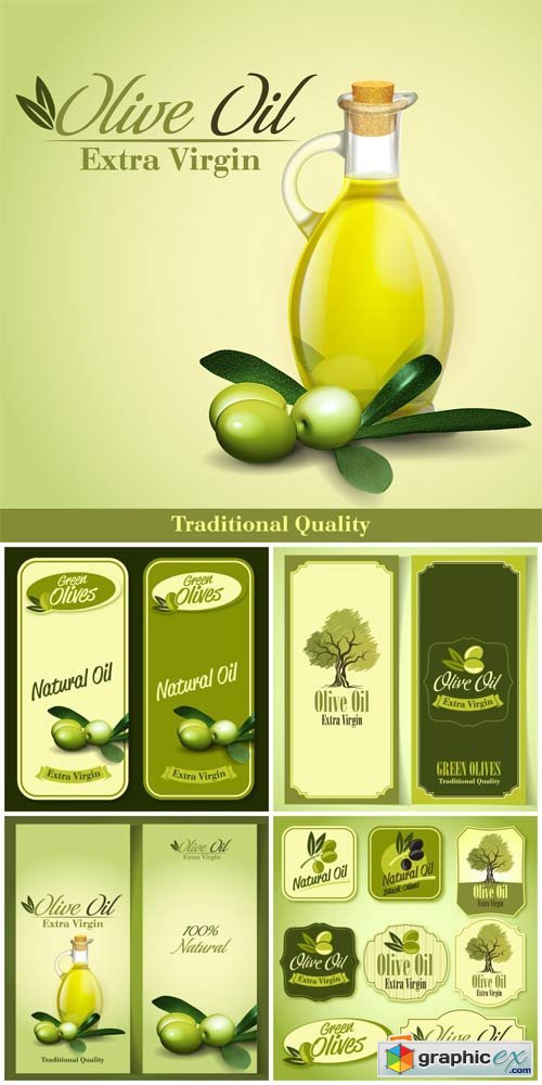 Olives, olive oil, backgrounds and stickers vector