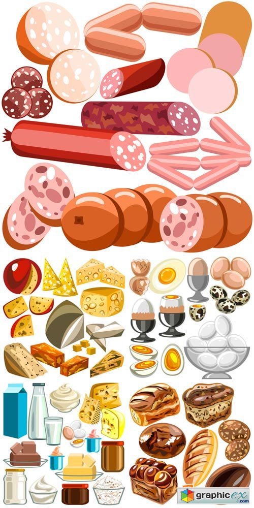 Food vector, meat, bread, cheese, milk