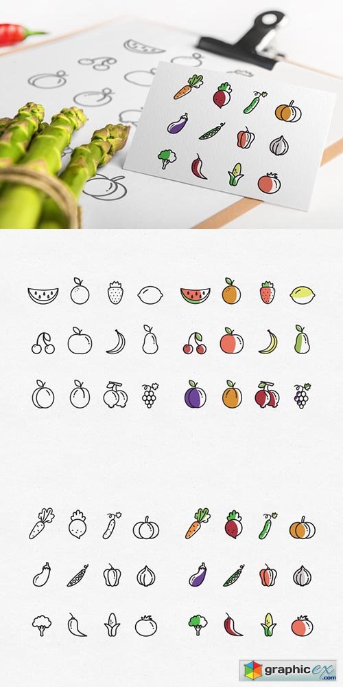 Set of 48 Fruit & Vegetable icons