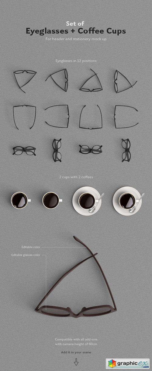 Set Of Eyeglasses & Coffee Cups Mock-up