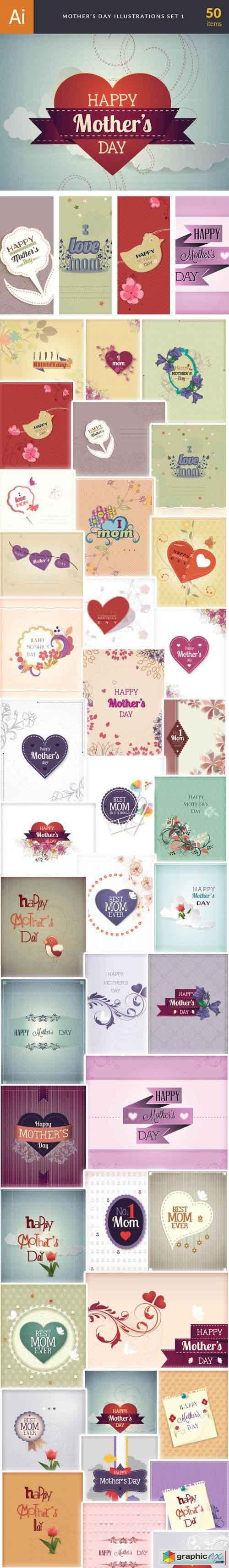  50 Mother's Day Vector Illustrations Bundle 
