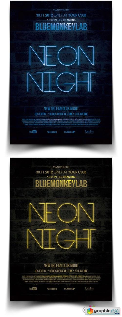  Neon Night Party Flyer/Poster PSD Template 
