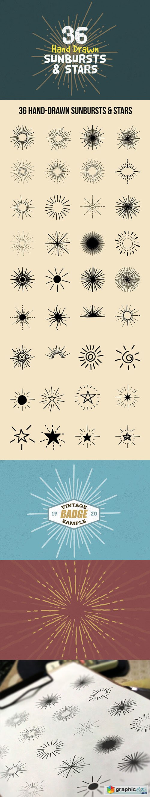 36 Hand Drawn Sunbursts & Stars