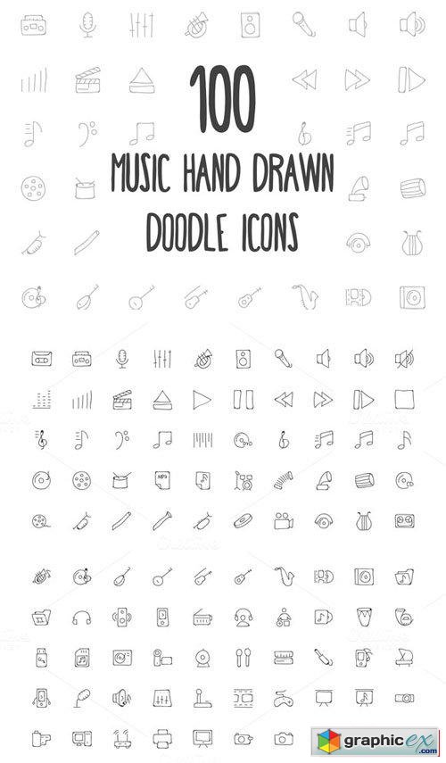  100 Music Hand Drawn Doodle Icons