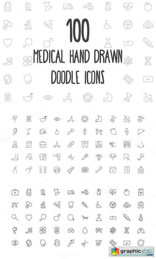  100 Medical Hand Drawn Doodle Icons