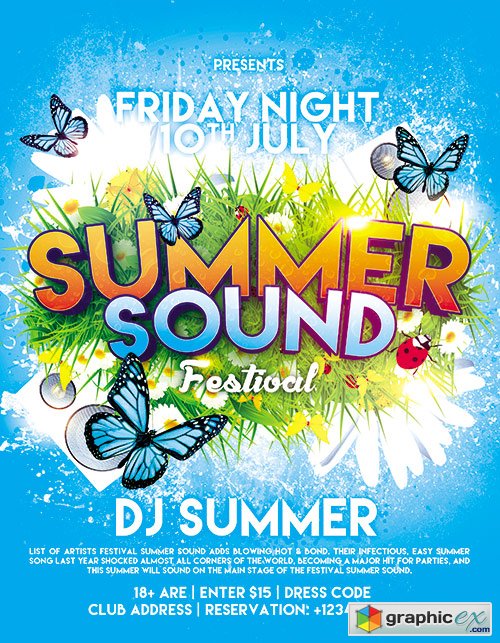 Summer Sound Festival Flyer PSD Template + FB Cover