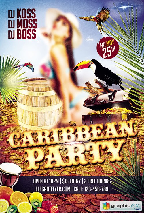 Caribbean Party Premium Club flyer PSD Template + FB Cover