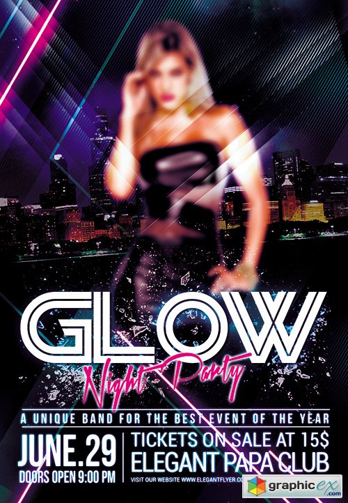 Glow Night Party Premium Club flyer PSD Template + FB Cover