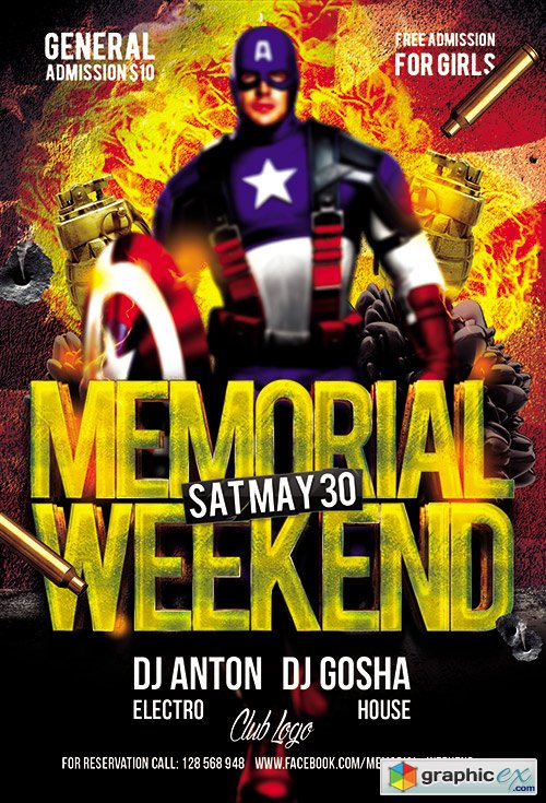 Memorial Weekend Premium Club flyer PSD Template + FB Cover