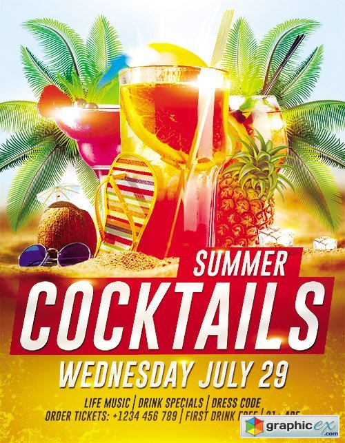 Summer Cocktails Flyer PSD Template + FB Cover