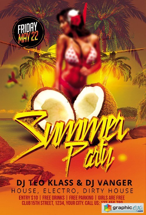 Summer Party Premium Club flyer PSD Template + FB Cover