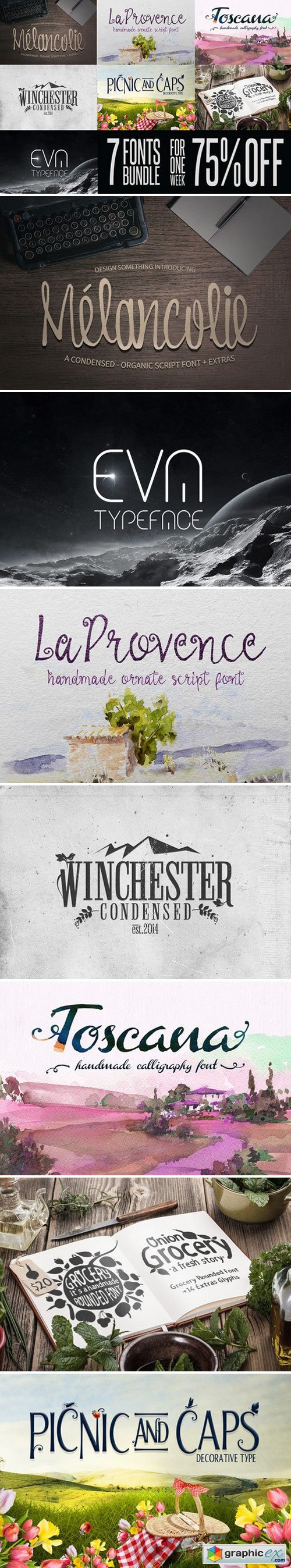 Fonts Bundle Melancolie, Eva, La Provence, Winchester, Toscana, Grocery, Picnic