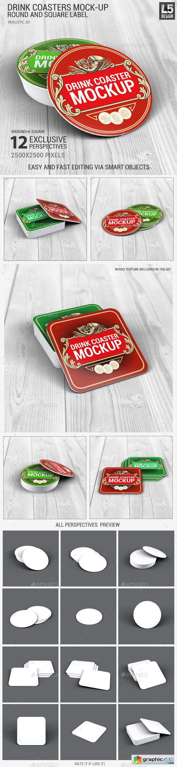 Drink Coasters Round and Square Label Mock-Up