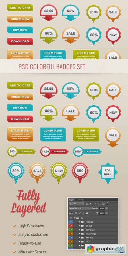 24 Colorful Badges PSD Set