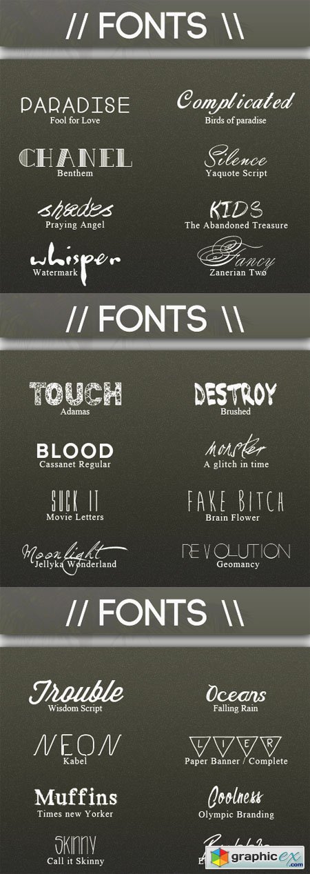 3 Fonts Packs (30 Fonts) - Heroine, Hell Yeah and Sad Faces