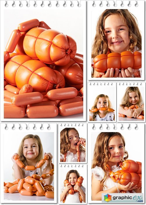Beautiful and cheerful girl with tasty sausage products - Stock photo