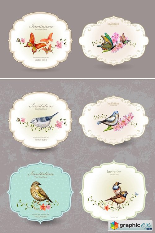 Cute Cards with Birds & Butterflies Vector