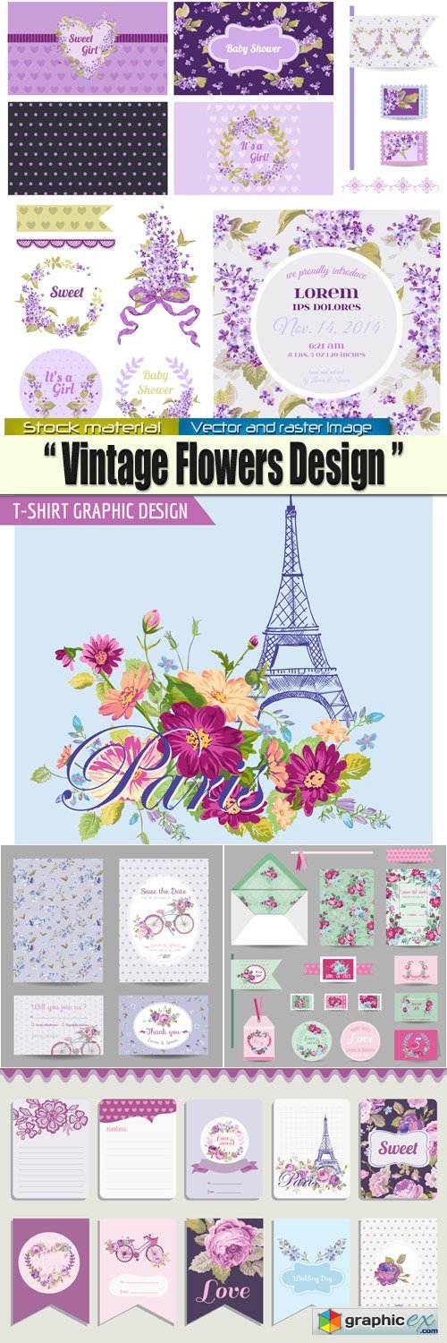 Vintage flower cards and elements for design in Vector