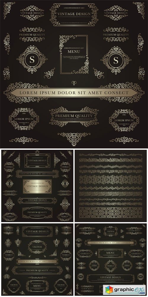Set of golden decorative vintage design elements for label