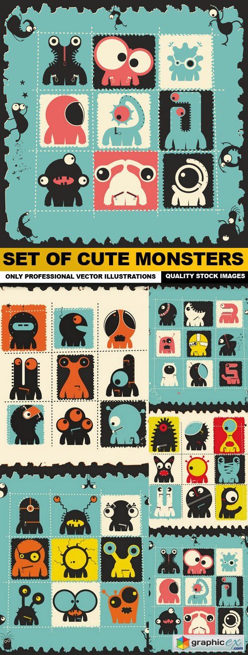 Set Of Cute Monsters - 5 Vector