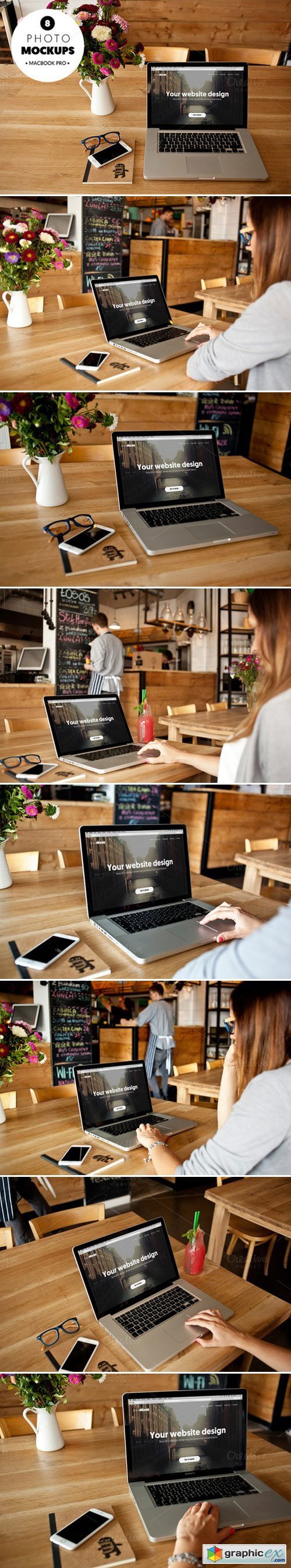 MacBook Pro - 8 mockups in a cafe