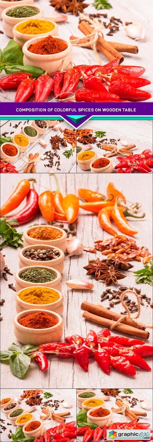 Composition of colorful spices on wooden table 5x JPEG