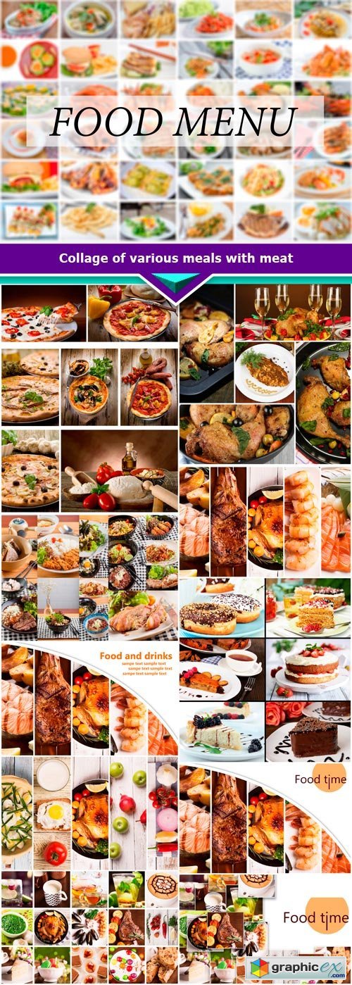 Collage of various meals with meat 11x JPEG