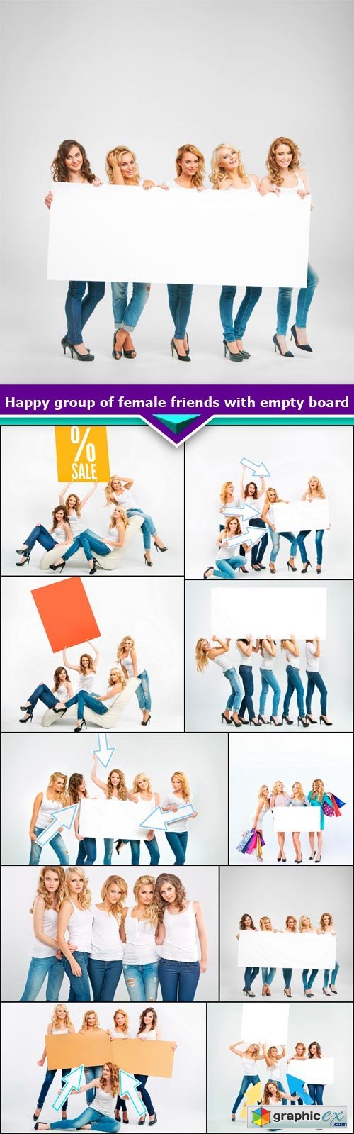 Happy group of female friends with empty board 10X JPEG