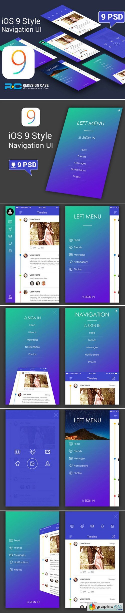 Flat iOS9 Style 9 Sidemenu Screens