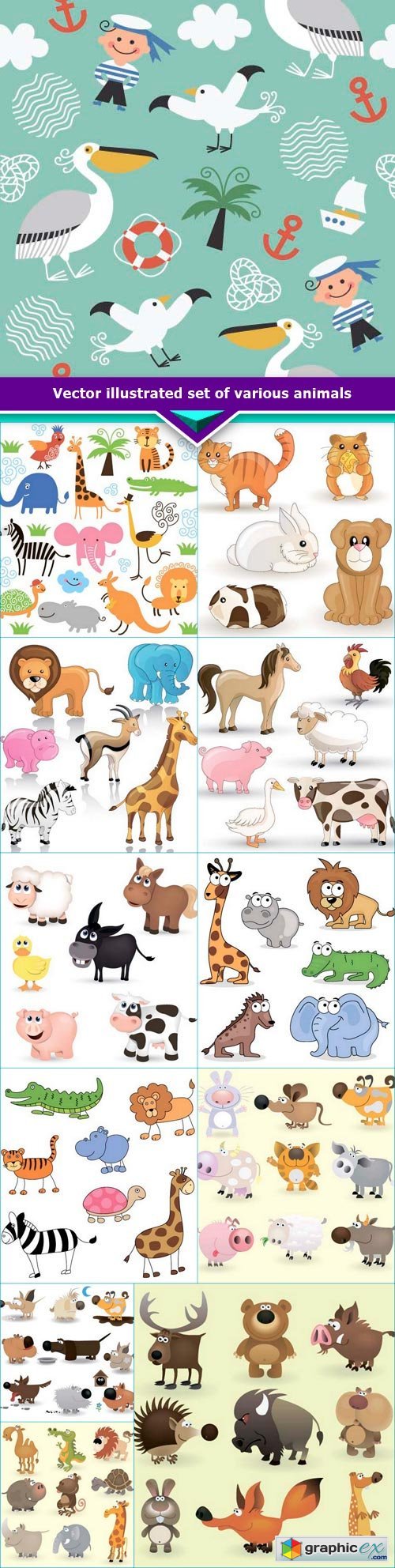 Vector illustrated set of various animals 12x EPS
