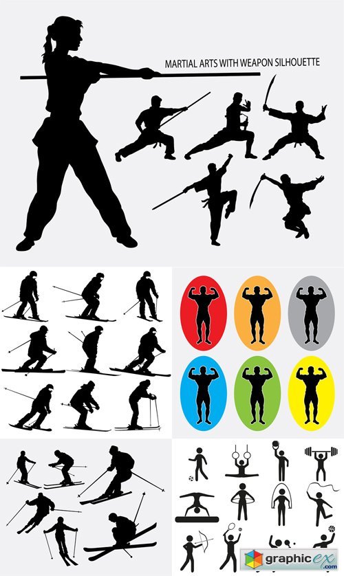 Sport Silhouettes Gym, Skiing and Wushu