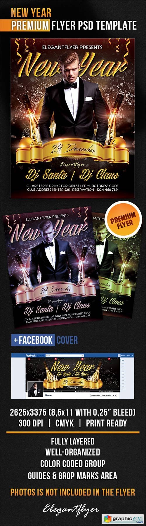 New Year Flyer PSD Template + Facebook Cover
