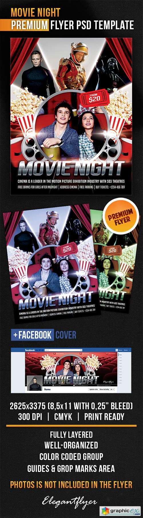 Movie Night Flyer PSD Template + Facebook Cover