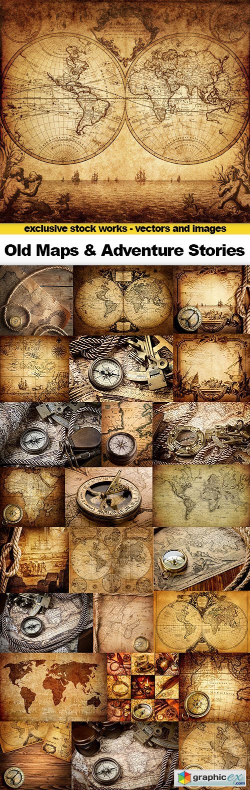 Old Maps, ompass, Rope on Canvas & Adventure Stories Background, 25x UHQ JPEG