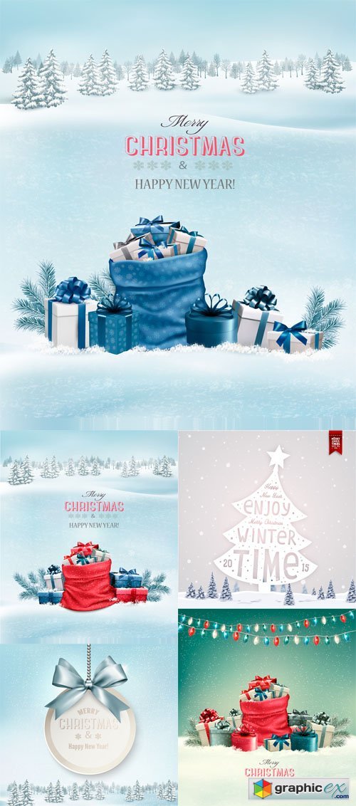 Christmas background with a winter landscape and blue sack full