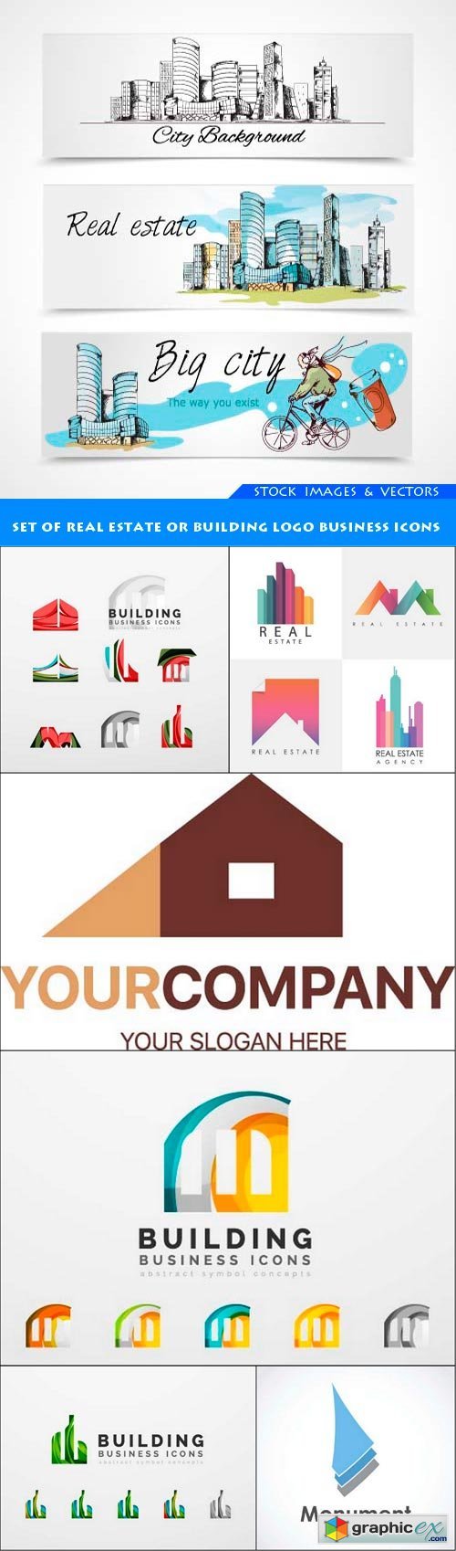 Set of real estate or building logo business icons 7X EPS