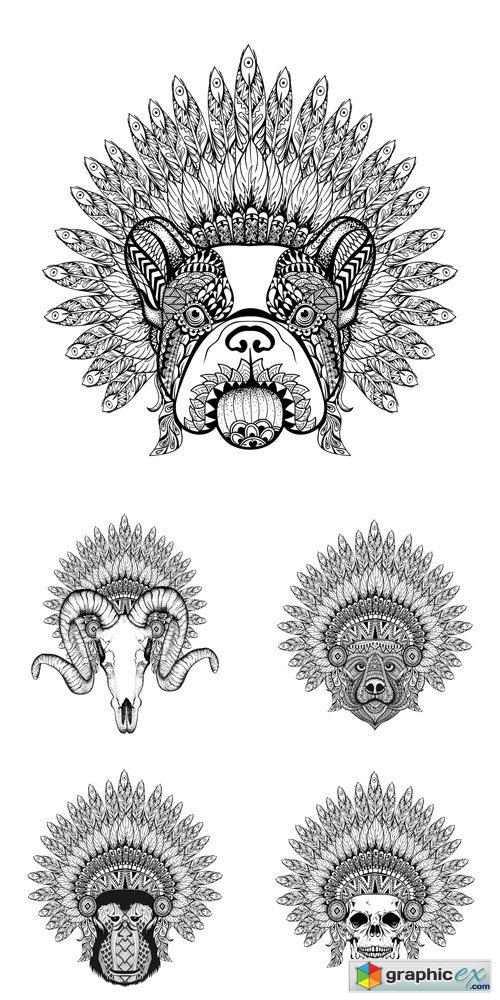 Hand Drawn Bulldog, skull, bear, monkey for tshirt print