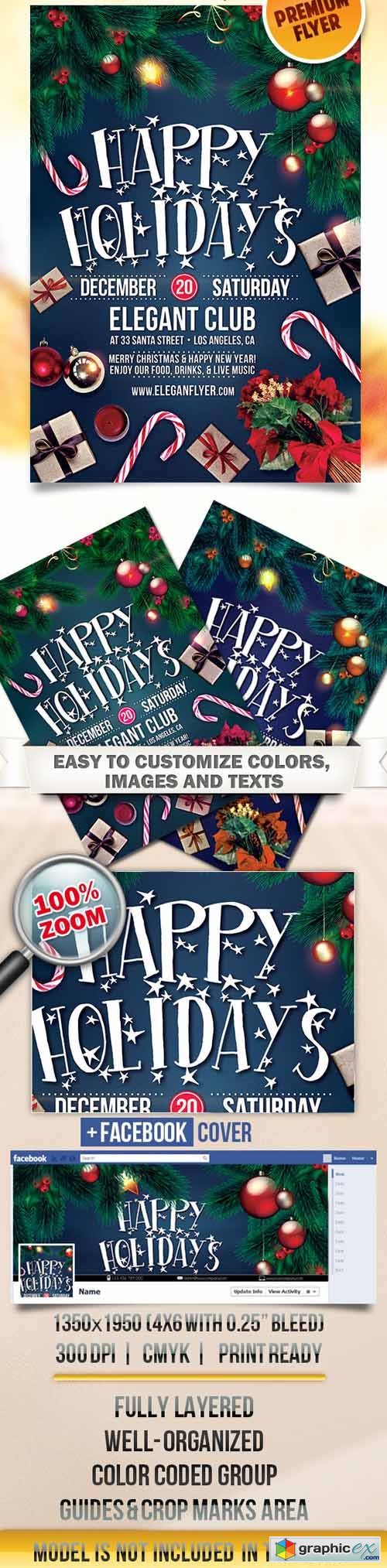 Happy Holidays  Flyer PSD Template + Facebook Cover