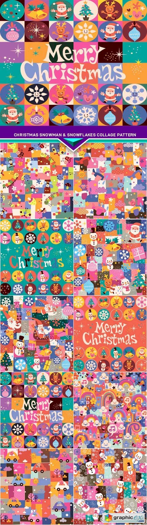 Christmas snowman & snowflakes collage pattern 10x EPS