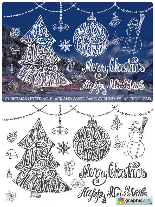 Merry Christmas tree lettering set