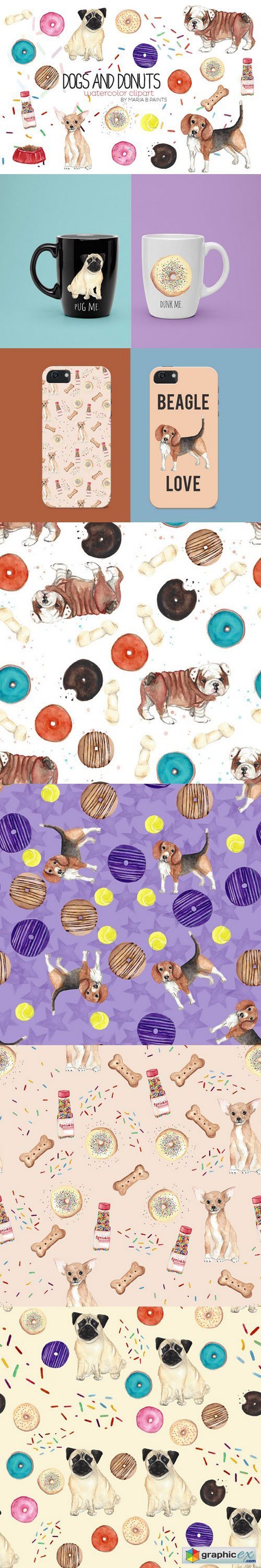 Watercolor Clip Art - Dogs n Donuts