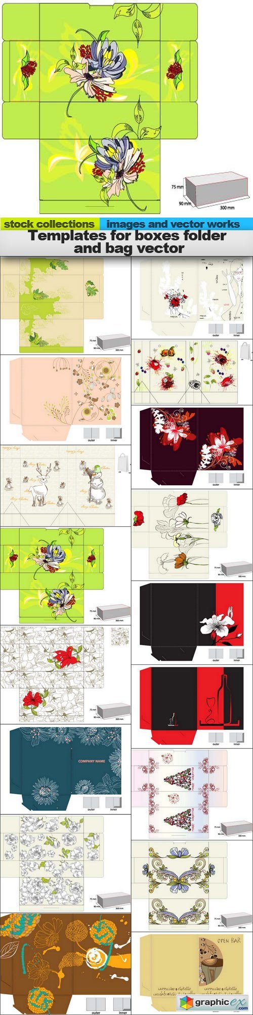 Templates for boxes folder and bag vector, 17 x EPS