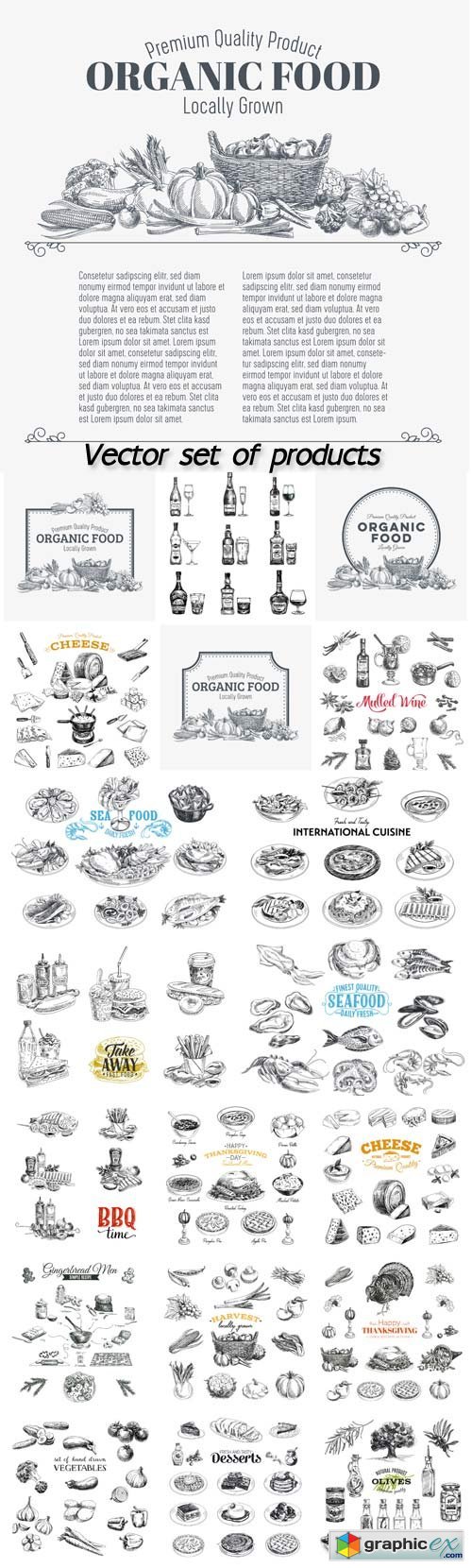 Vector set of products, seafood, meat, vegetables, drinks, fast food
