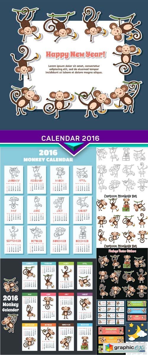 Calendar 2016 Monkey vector illustration 10x EPS