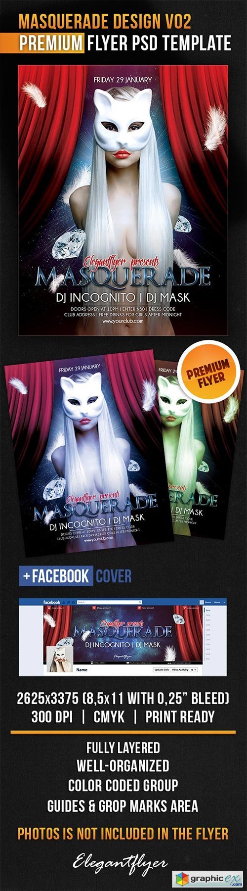 Masquerade Design V02 Flyer PSD Template + Facebook Cover