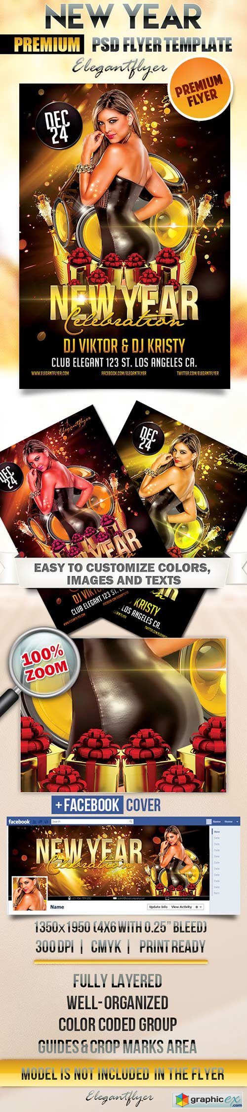 New Year Celebration Flyer PSD Template + Facebook Cover