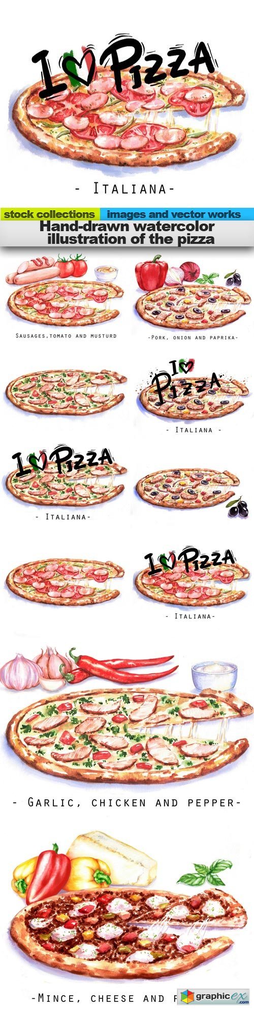Hand-drawn watercolor illustration of the pizza, 10 x UHQ JPEG