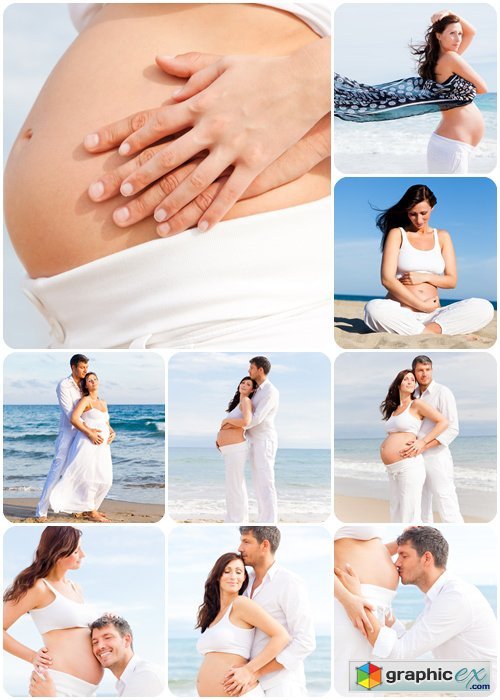 Happy mother and father - family pregnancy in the beach - Stock photo